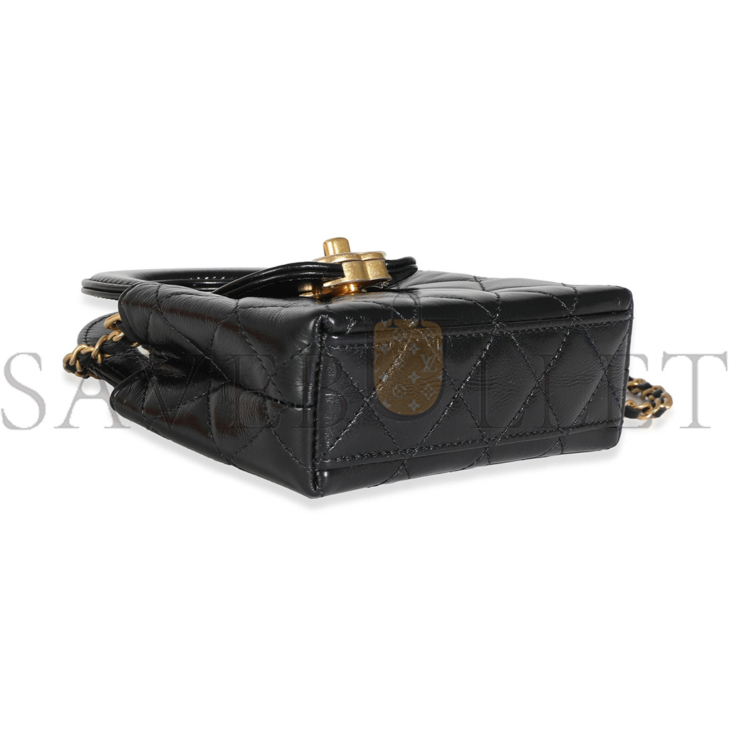 CHANEL MASTER 24P BLACK QUILTED SHINY AGED CALFSKIN MINI NANO KELLY SHOPPER AP3435 (12*8*4cm)